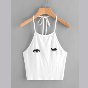 SheIn Wink Eyes Print Self Tie Halter Top L 8 10